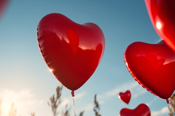 Obraz na płótnie Canvas celebrate day love red heart shaped balloons in blue sky generative ai
