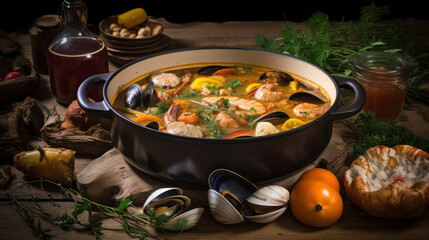 thai food hot pot sea soup with mussels and shrimps generative ai