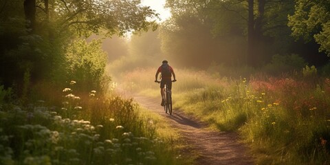 person on bike cycling through scenic countryside or park promoting the benefits of exercise and outdoor activity, concept of Sports tourism and Health lifestyle, created with Generative AI technology