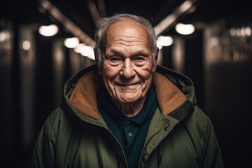 Portrait of an elderly man in a green jacket on a dark background