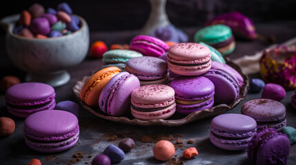 Fototapeta na wymiar violet french sweets, assorted macaron cookie generative ai