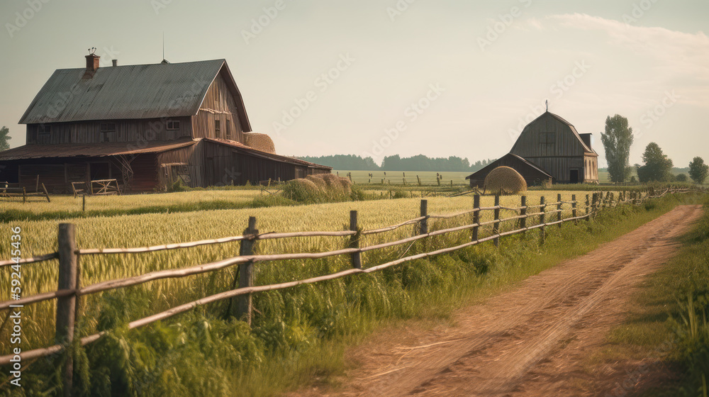 Poster rustic farmhouse on field generative ai
