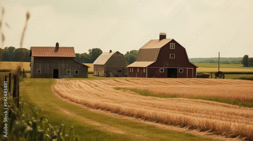 Poster rustic farmhouse on field generative ai
