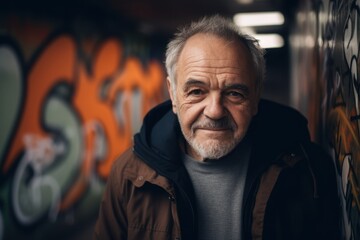 Fototapeta premium Portrait of an elderly man in a jacket in the street.