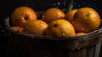 fresh orange with rain spray. fresh fruit with rain dew. Post-processed generative AI