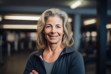Portrait of smiling senior woman standing with arms crossed at crossfit gym