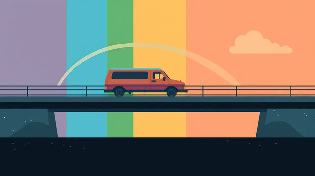 Illustration of a vintage van on a bridge with the LGBT colors
