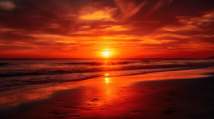 Fototapeta na wymiar landscape orange evening sunset sky over the calm mirror surface of the sea generative ai