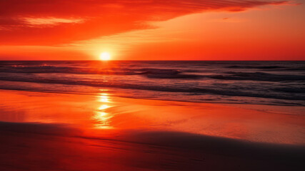 Fototapeta na wymiar landscape orange evening sunset sky over the calm mirror surface of the sea generative ai