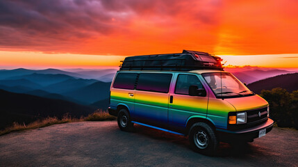 Plakat Van painted in LGBT colors on a mountain watching the sunset
