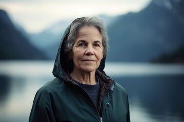 Portrait of a senior woman standing in front of a lake.