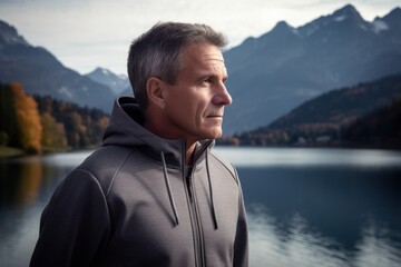 Portrait of a middle-aged man in sportswear standing by the lake.