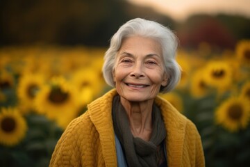 Portrait of a smiling senior woman in the field of sunflowers