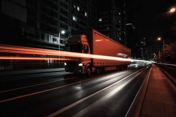 Fototapeta na wymiar A truck speeding in the city at night. Taillights giving a speed impression. Generative Ai