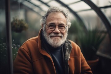 Portrait of an old man with gray beard and glasses in a yellow coat in a greenhouse