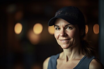 Portrait of smiling woman wearing cap and t-shirt looking at camera