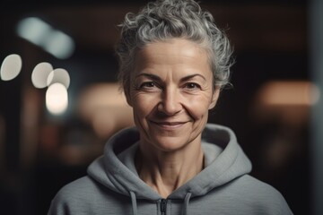 Portrait of a smiling senior woman in a grey hoodie.