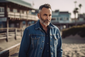 Portrait of a handsome middle-aged man in a denim jacket on the beach.