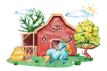 Obraz na płótnie Canvas Cute Farm Watercolor, Farm animals Nursery Decor, Cute Farm illustration, Watercolor animals illustration, Farm Animals, Children Books, Greeting Cards, Clipart For Kids.