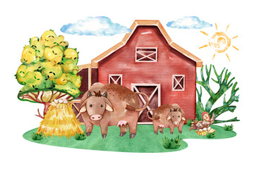 Cute Farm Watercolor, Farm animals Nursery Decor, Cute Farm illustration, Watercolor animals illustration, Farm Animals, Children Books, Greeting Cards, Clipart For Kids.