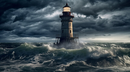 Naklejka na ściany i meble Lighthouse in the stormy sea.generative ai