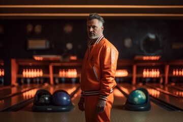 Fototapeta na wymiar Portrait of senior man in orange suit standing in bowling alley.