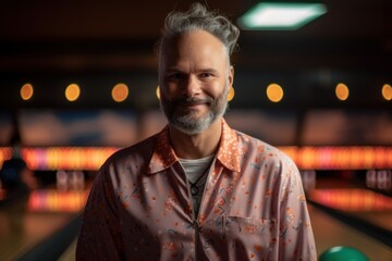 Fototapeta premium Portrait Of Mature Man Playing Bowling At Billiards Indoor