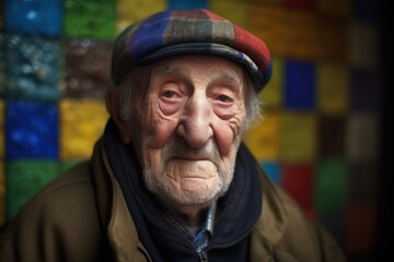 Portrait of an old man in a cap and coat on a colorful background