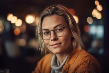 Portrait of beautiful young woman with eyeglasses looking at camera in cafe