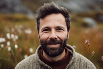 Handsome bearded man standing in a meadow and smiling at the camera