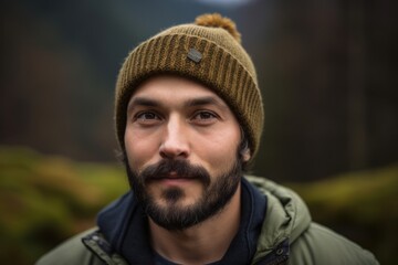 Obraz premium Portrait of a young man with a beard in the mountains.