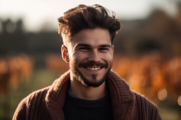 Portrait of a handsome young man in a sweater and scarf standing in a field at sunset