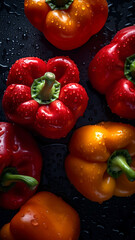 Fresh Bell Peppers background, adorned with glistening droplets of water. Top down view.