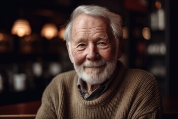 Portrait of a smiling senior man sitting at a table in a cafe