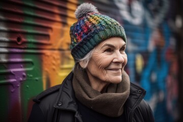 Portrait of a happy senior woman in winter clothes against graffiti wall