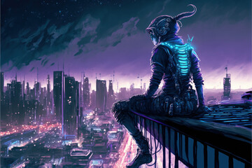 Woman in futuristic suit sitting on railing admiring night sky Fantasy concept , Illustration painting. Generative AI