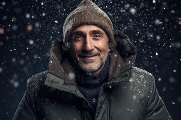 Fototapeta na wymiar Portrait of a smiling man in a warm jacket and hat standing under snowfall.