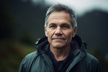 Portrait of a senior man looking at camera in the mountains.