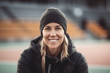 Portrait of smiling sportswoman in cap and jacket at stadium