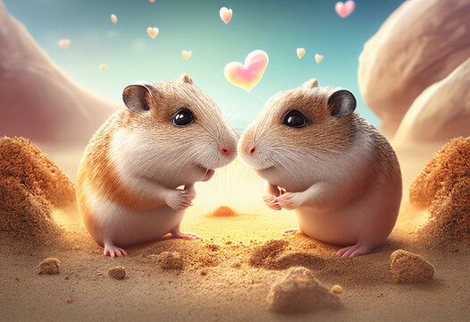Adorable hamsters in love. Romantic beach scenery. Creative. High quality photo