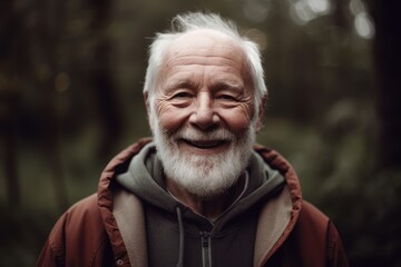 Portrait of a senior man smiling in the forest. Selective focus.