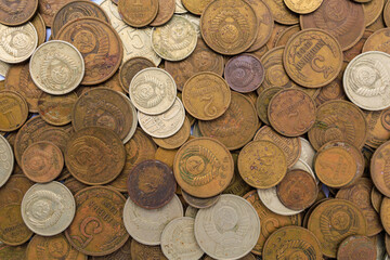 Soviet coins close up. USSR coins, top view. Old coins for numismatics. Historical heritage. Background