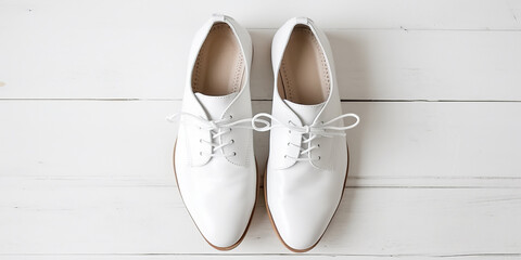 Men’s white dress leather shoes on white wooden background. man's fashion