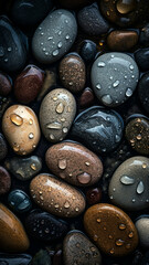 Pebble stones background, adorned with glistening droplets of water. Top down view.