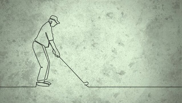Animation of drawing of male golf player and shapes on green background