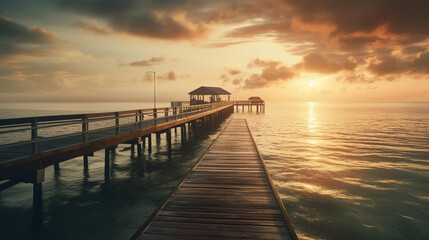 Beautiful sunset over the sea with wooden jetty in the foreground.generative ai