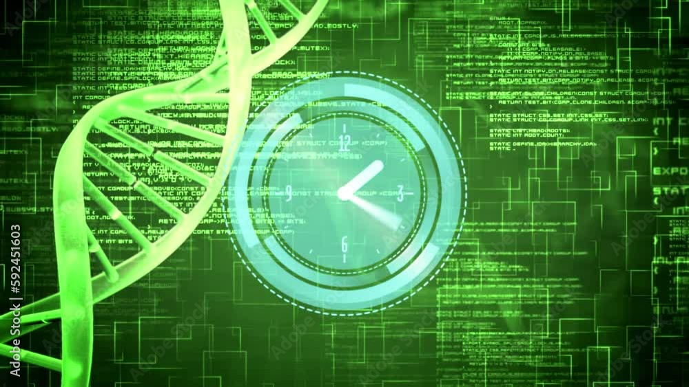 Poster Animation of ticking clock and dna structures over data processing against green background