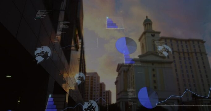 Animation of data processing over tall buildings against sunset sky