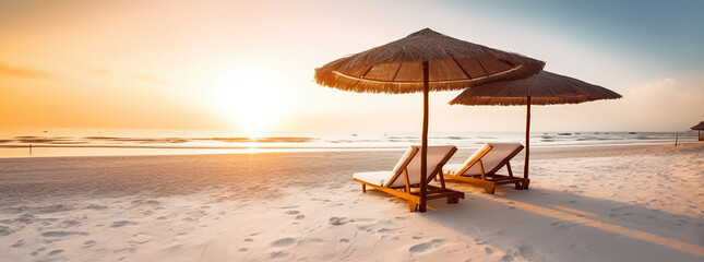 sunset on the beach, beach chairs, and parasol, an umbrella, room for copy