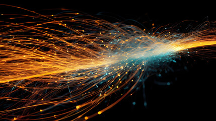 Aerial view of a long fibre optic cable, in the style of dark sky-blue and light amber, quantum wavetracing, Generative Ai